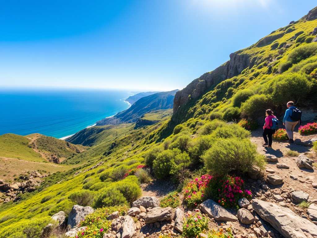 San Diego Hikers with ocean view, AI generated